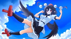  1girl black_hair black_skirt black_socks black_wings blue_sky clouds commentary day feathered_wings frilled_skirt frills full_body geta hat highres looking_at_viewer pointy_ears pom_pom_(clothes) puffy_sleeves red_eyes red_hat shameimaru_aya shirt short_hair skirt sky smile socks solo tengu tengu-geta tokin_hat touhou untranslatable_commentary white_shirt wings zivmf 