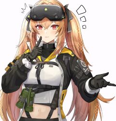  1girl :3 absurdres black_gloves black_jacket black_ribbon blush breasts brown_hair cropped_shirt finger_to_cheek girls'_frontline_2:_exilium girls_frontline gloves hair_between_eyes hair_ribbon hands_up head-mounted_display highres jacket lenna_(girls'_frontline_2) long_hair looking_at_viewer medium_breasts navel open_clothes open_jacket pink_eyes plunplun ribbon shirt solo twintails ump9_(girls'_frontline) very_long_hair white_shirt 