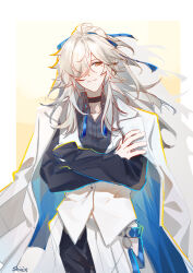  1boy absurdres black_choker black_pants black_shirt blue_ribbon choker closed_mouth coat crossed_arms hair_over_one_eye hair_ribbon half_updo high_ponytail highres honkai:_star_rail honkai_(series) jing_yuan long_hair long_sleeves looking_to_the_side male_focus mole mole_under_eye pants ponytail ribbon shirix shirt smile solo vest white_hair white_vest yellow_background yellow_eyes 