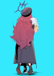  1boy 1girl absurdres black_boots black_hat blue_archive blue_background blue_halo boots coat colored_shoe_soles fluffy_hair forced_hug from_behind halo hat highres implied_kiss iroha_(blue_archive) jacket kainomi_no_kai kiss long_hair long_sleeves messy_hair military_hat military_jacket military_uniform overcoat red_hair sensei_(blue_archive) shirt stop_(gesture) tiptoe_kiss tiptoes very_long_hair white_shirt 