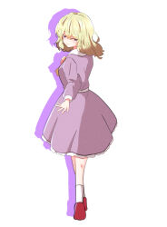  1girl ankle_socks ascot blonde_hair bone_vone collared_dress commentary contrast_collar dress expressionless frilled_dress frills full_body hand_on_own_chest highres long_sleeves looking_back maribel_hearn medium_hair missing_headwear purple_dress red_shoes shadow shoes socks solo touhou violet_eyes white_background white_socks yellow_ascot 