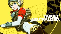  1girl aigis_(persona) all-out_attack android armband armor blonde_hair blue_eyes bow bowtie commentary_request english_text finger_gun gradient_background hair_between_eyes hairband highres joints lips looking_at_viewer looking_back mechanical_legs metal_hairband official_alternate_costume official_art official_wallpaper parted_lips persona persona_3 persona_3_reload persona_3_the_answer pink_lips power_armor red_armband red_bow red_bowtie robot_ears robot_girl robot_joints s.e.e.s second-party_source shell shell_casing shimada_azusa short_hair solo yellow_background 