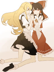  2girls absurdres apron ascot black_shoes black_skirt black_vest blonde_hair bow brown_hair chinese_commentary commentary_request detached_sleeves frilled_bow frilled_hair_tubes frills hair_bow hair_tubes hakurei_reimu highres holding_hands interlocked_fingers kirisame_marisa kneeling long_hair multiple_girls myth_zhitangdian red_bow red_eyes red_skirt ribbon-trimmed_sleeves ribbon_trim shoes skirt skirt_set smile socks touhou vest waist_apron white_socks yellow_ascot yellow_eyes 