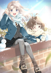  2girls adjusting_hair ankle_socks antenna_hair black_eyes black_skirt blue_jacket blue_scarf brown_hair brown_mittens brown_necktie brown_scarf brown_shoes brown_socks commentary_request day full_body grey_jacket grey_pantyhose jacket long_hair long_sleeves looking_at_viewer loose_socks mini_snowman mittens multiple_girls necktie one_eye_closed open_clothes open_jacket open_mouth original outdoors pantyhose parted_lips scarf school_uniform shirt shoes sitting skirt smile snow snowing socks striped_clothes striped_necktie teeth tree unya_(unya-unya) upper_teeth_only white_shirt 