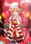  1girl ascot blonde_hair bow chain commentary dress fence flandre_scarlet flower glowing glowing_eyes glowing_wings hand_to_own_mouth hat hat_bow highres knees_together_feet_apart looking_at_viewer open_mouth petals puffy_sleeves red_dress red_eyes red_rose rose scarlet_devil_mansion short_sleeves side_ponytail silver_hair sitting smile solo striped striped_legwear thigh-highs toufukin touhou wings 