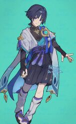  1boy animal_print aqua_background aqua_gem armor arms_at_sides artist_name belt bird_print black_belt black_bodysuit black_bow black_bridal_gauntlets black_hair black_sandals black_shorts blue_kimono blue_sleeves blunt_ends bodysuit bow bridal_gauntlets bright_pupils choppy_bangs clenched_hand closed_mouth commentary_request covered_collarbone eyeliner feathers full_body furisode gem genshin_impact gold_ring hakama hakama_shorts highres japanese_armor japanese_clothes juban kimono kote kurokote layered_sleeves leg_warmers makeup male_focus mandarin_collar middle_ring nonoji_(nonoji_ekaki) open_clothes open_hand open_kimono parted_bangs pigeon-toed pleated_shorts pom_pom_(clothes) purple_rope purple_sash red_eyeliner rope sandals sash scaramouche_(genshin_impact) short_sleeves shorts shoulder_peek smile solo split_mouth tassel toes tsurime violet_eyes vision_(genshin_impact) wanderer_(genshin_impact) white_kimono white_leg_warmers white_pupils white_sleeves white_trim yellow_feathers zouri 