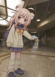  1girl ahoge animal_ear_fluff animal_ears artist_name backpack bag blue_bag blue_sailor_collar blue_shoes blue_skirt blush bow brown_eyes cardigan commentary full_body highres indoors loafers long_hair loose_socks miniskirt nakkar open_mouth orange_bow original photo_background pleated_skirt pointing sailor_collar shoes skirt sleeves_past_wrists socks solo standing twitter_username untranslatable_commentary white_cardigan white_socks 
