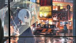  1girl absurdres bag billboard black_hair black_hoodie black_horns blue_archive building car chinese_commentary choker city city_lights cityscape demon_horns from_behind grey_halo halo highres hood hoodie horns kayoko_(blue_archive) looking_at_viewer looking_back medium_hair motor_vehicle multicolored_hair night original parted_bangs pluie rain red_eyes road road_sign scenery sign solo standing storefront street transparent transparent_umbrella umbrella wet_ground white_hair window 