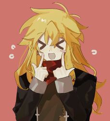  >_< 1boy :d anonymous1203 black_jacket blonde_hair blush_stickers braid brown_shirt epic_battle_fantasy happy highres index_fingers_raised jacket male_focus matt_(epic_battle_fantasy) missing_headwear neckerchief open_mouth red_background red_neckerchief shirt simple_background single_blush_sticker smile twin_braids upper_body 