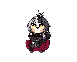  1girl alicemuyuki asymmetrical_legwear black_boots black_choker black_coat black_dress black_hair black_socks black_thighhighs blush_stickers boots bright_pupils chest_belt chibi chibi_only choker coat commentary crossed_legs dress fishnet_socks fishnets full_body fur-trimmed_coat fur_trim grey_hair highres hololive hololive_english kneehighs layered_dress medium_hair mismatched_legwear multicolored_hair open_mouth raised_eyebrows shiori_novella shiori_novella_(1st_costume) short_dress simple_background single_kneehigh single_sock single_thighhigh sitting sleeveless sleeveless_dress socks solo split-color_hair striped_clothes striped_thighhighs thigh-highs uneven_legwear virtual_youtuber white_background white_pupils yellow_eyes yorick_(shiori_novella) 