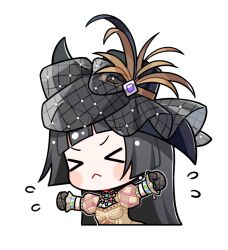  >_< 1girl above-cleavage_cutout argyle_clothes argyle_sleeves artist_request bead_necklace beads black_bow black_gloves black_hair black_hat blunt_bangs blush_stickers bow chibi clenched_hands closed_mouth clothing_cutout collared_shirt cropped_torso earrings fishnet_gloves fishnets flying_sweatdrops frilled_sleeves frills frown gloves hat hat_bow hat_feather heart_of_the_deep_forest_(infinity_nikki) high_collar infinity_nikki jewelry layered_sleeves long_hair long_sleeves necklace nikki_(series) official_art outstretched_arm ribbon-trimmed_sleeves ribbon_trim shirt short_over_long_sleeves short_sleeves sleeves_past_wrists solo sticker_(medium) straight_hair sun_hat transparent_background v-shaped_eyebrows very_long_hair yellow_shirt 