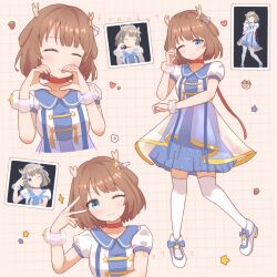  1girl antlers blue_bow blue_dress blue_eyes blunt_bangs blush bow brown_hair choker closed_eyes commentary deer_antlers dress franky7702 grid_background hand_on_own_cheek hand_on_own_face horns kano_(utaite) multiple_views polka_dot puffy_sleeves red_choker red_ribbon reference_sheet ribbon sailor_dress short_hair smile solo star_(symbol) thigh-highs untranslatable_commentary utaite white_dress white_thighhighs winking_(animated) 
