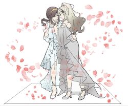  2girls azusa53111 blonde_hair blue_dress brown_hair closed_eyes closed_mouth commentary_request dress falling_petals grey_dress grey_shoes hand_on_another's_face hand_on_another's_shoulder hand_on_another's_waist high_heels highres long_hair multiple_girls off-shoulder_dress off_shoulder parted_lips petals saijo_claudine shoes shoujo_kageki_revue_starlight simple_background smile tendo_maya white_background white_shoes yuri 