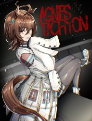  1girl agnes_tachyon_(tach-nology)_(umamusume) agnes_tachyon_(umamusume) ahoge animal_ears black_pantyhose boots brown_hair character_name chemical_structure coat commentary_request earrings hair_between_eyes highres horse_ears horse_girl horse_tail jewelry lab_coat long_sleeves megao_3rd pantyhose parted_lips red_eyes single_earring sitting sleeves_past_fingers sleeves_past_wrists smile solo tail test_tube umamusume white_boots white_coat wolf_cut 