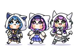  3girls :3 :t alicemuyuki animal_hood baseball_cap black_sailor_collar black_serafuku black_shirt black_skirt blue_eyes blue_hair blue_hat blue_skirt blue_streaks blunt_bangs blush_stickers braid braided_twintails bright_pupils cat_hood chibi chibi_only colored_inner_hair commentary demon_girl demon_hood demon_tail drink_carton english_commentary fang full_body goggles goggles_on_head green_eyes grey_socks hat hat_under_hood highres hololive hood hood_up hooded_jacket hooded_shrug horned_hood horns hoshimachi_suisei hoshimachi_suisei_(sailor) jacket juice_box liquid_tail long_hair long_sleeves low_twin_braids low_twintails minato_aqua minato_aqua_(sailor) miniskirt multicolored_hair multiple_girls official_alternate_costume official_alternate_hairstyle open_clothes open_jacket pantyhose pink_streaks pleated_skirt purple_hair raised_eyebrows roller_skates sailor_collar school_uniform serafuku shirt shorts shrug_(clothing) sidelocks simple_background skates ski_goggles skin_fang skirt socks star_(symbol) star_in_eye startend_(hololive) strapless streaked_hair symbol_in_eye tail tokoyami_towa tokoyami_towa_(cyberpunk) tube_top turtleneck twin_braids twintails two-tone_hair v-shaped_eyebrows violet_eyes virtual_youtuber white_background white_jacket white_pantyhose white_pupils white_shirt white_shorts white_shrug white_tail white_tube_top 