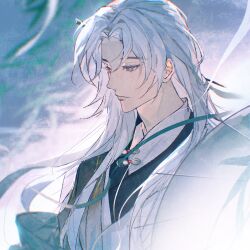 1boy aqua_shawl bamboo_print black_robe blue_background blurry chinese_clothes chinese_commentary commentary_request curtained_hair depth_of_field expressionless hair_ornament hair_stick hanfu highres hua_yi_shanxin_zhiyue ling_yan_ru long_hair looking_ahead male_focus pankou parted_bangs robe shawl shirt solo sumidainxin upper_body violet_eyes white_hair white_hanfu white_robe white_shirt willow 