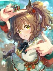  1girl absurdres animal_ears aston_machan_(flare)_(umamusume) aston_machan_(umamusume) blush brown_hair crown finger_frame highres horse_ears horse_girl horse_tail looking_at_viewer medium_hair non-web_source official_art one_side_up rain red_nails red_sash sash self-datamine shoulder_sash smile solo tail umamusume 