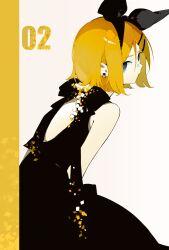  1girl absurdres alternate_costume backless_dress backless_outfit bare_shoulders black_dress blonde_hair blue_eyes bow_hairband dress earrings hair_ornament hairband hairclip highres jewelry kagamine_rin long_hair looking_at_another looking_at_viewer looking_to_the_side short_hair sidelocks solo vocaloid zhi_xu_liming 