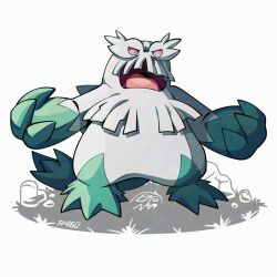  abomasnow green_fur grey_fur looking_at_viewer mistray-art numbered open_mouth pink_eyes pokemon pokemon_(creature) signature simple_background solo two-tone_fur white_background 