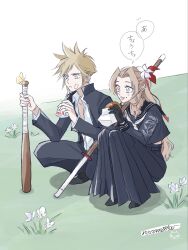  1boy 1girl aerith_gainsborough aerith_gainsborough_(midgard_seventh_high_school) artist_name bandaid bandaid_on_cheek bandaid_on_face baseball_bat black_gloves black_jacket black_pants black_sailor_collar black_serafuku black_shirt black_shoes blonde_hair blue_eyes brown_hair bug butterfly closed_mouth cloud_strife cloud_strife_(midgard_seventh_high_school) collared_shirt commentary_request crop_top delinquent drink_carton final_fantasy final_fantasy_vii final_fantasy_vii:_ever_crisis floral_print flower food food_on_face full_body gakuran gloves green_eyes grey_neckerchief hair_flower hair_ornament hair_ribbon highres holding holding_baseball_bat holding_drink_carton holding_food holding_milk_carton jacket light_blush long_hair long_skirt midriff_peek milk_carton neckerchief nekomatsu official_alternate_costume on_one_knee open_mouth outdoors over_shoulder pants parted_bangs pleated_skirt ponytail red_ribbon ribbon sailor_collar school_uniform serafuku shinai shirt shoes short_hair sidelocks skirt smile spiky_hair squatting staff sukeban swept_bangs sword weapon weapon_over_shoulder white_background white_flower white_shirt yellow_butterfly 