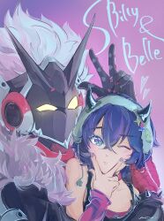  1boy 1girl absurdres bare_shoulders belle_(zenless_zone_zero) billy_kid billy_kid_(starlight) blue_hair blush bracelet character_name closed_mouth clothed_robot collarbone commentary_request fur-trimmed_jacket fur_trim heart highres horns humanoid_robot jacket jewelry looking_at_viewer norisuke_(stornyans) one_eye_closed pink_background purple_nails red_scarf robot robot_boy scarf short_hair spiked_bracelet spikes spiky_hair w w_over_mouth white_hair yellow_eyes zenless_zone_zero 