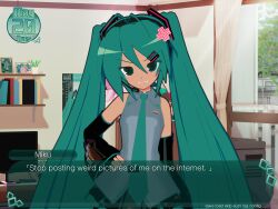 1girl 3d :d anger_vein animasa_model_(mikumikudance) aqua_eyes aqua_hair aqua_nails aqua_necktie black_boots black_hairband black_skirt blush boots clenched_teeth commentary cowboy_shot curtains detached_sleeves english_commentary english_text fake_screenshot grey_shirt grimace hair_ornament hairband hairclip hand_on_own_hip hatsune_miku highres indoors kio_(majin_kz) long_hair looking_at_viewer mikumikudance_(medium) miniskirt necktie pleated_skirt shirt simple_background skirt sleeveless sleeveless_shirt smile solo teeth twintails user_interface v-shaped_eyebrows very_long_hair video_game_dialogue_box visual_novel vocaloid 