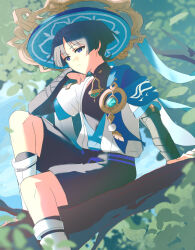  1boy absurdres anemo_symbol_(genshin_impact) anthemspices aqua_gem arm_at_side arm_support armor belt black_belt black_bodysuit black_bow black_bridal_gauntlets black_hair black_shorts blue_cape blue_hat blue_sky blue_sleeves blunt_ends bodysuit bow bridal_gauntlets cape choppy_bangs closed_mouth commentary expressionless falling_leaves feathers furisode gem genshin_impact gold hand_on_own_face hat highres japanese_armor japanese_clothes jingasa kimono knee_up kote kurokote layered_sleeves leaf leg_warmers looking_to_the_side male_focus mandarin_collar outdoors parted_bangs pom_pom_(clothes) purple_rope purple_sash rope sash scaramouche_(genshin_impact) short_sleeves shorts shoulder_peek sidelighting sitting_on_branch sky solo sunlight toes tree tsurime untranslatable_commentary violet_eyes wanderer_(genshin_impact) white_leg_warmers white_sleeves white_trim yellow_feathers 