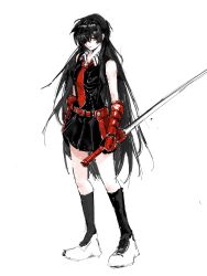  1girl akame_(akame_ga_kill!) akame_ga_kill! belt black_hair black_skirt black_socks full_body gauntlets glaring hair_over_one_eye highres holding holding_sword holding_weapon kneehighs lili_(lofter2329039504) long_hair looking_at_viewer necktie red_belt red_eyes red_necktie shoes simple_background skirt socks solo sword very_long_hair weapon white_shoes 