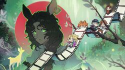  1girl 5girls :o absurdres animal_ears black_coat blonde_hair blonney blue_eyes blue_shorts branch brown_hair brown_pants checkered_hairband chibi chibi_inset circle coat creature deer deer_ears deer_girl dress ear_tag fairy film_strip glasses green_background green_eyes green_leg_warmers grey_eyes grey_hair grey_vest hair_bun hairband hat highres horropedia jacket jessica_(reverse:1999) leg_warmers long_braid looking_at_viewer making-of_available multiple_girls mummeemeemama open_mouth orange_hair pants plant purple_coat purple_hat purple_jacket red_dress reverse:1999 shirt short_hair shorts single_side_bun sitting sliding sonetto_(reverse:1999) standing tooth_fairy_(reverse:1999) two_side_up upper_body vertin_(reverse:1999) vest white_shirt 