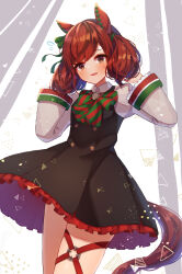  1girl absurdres akatanotaki animal_ears black_dress blush bow bowtie brown_eyes brown_hair commentary_request diagonal-striped_bow dress ear_bow ear_covers ear_ribbon green_bow green_bowtie highres horse_ears horse_girl horse_tail juliet_sleeves long_sleeves looking_at_viewer medium_hair multicolored_hair nice_nature_(poinsettia_ribbon)_(umamusume) nice_nature_(umamusume) o-ring o-ring_thigh_strap pinafore_dress puffy_sleeves shirt sleeveless sleeveless_dress smile solo streaked_hair striped_bow striped_bowtie striped_clothes sweatdrop tail thigh_strap twintails umamusume 