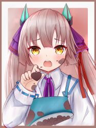  1girl :o adapted_costume apron blue_apron blunt_bangs blunt_ends blush border brown_background brown_border candy chocolate chocolate_on_face collared_shirt commentary embarrassed fake_horns food food_on_face frapan_pan furrowed_brow hair_ribbon hand_up heart heart-shaped_chocolate heart-shaped_food heaven_burns_red highres hime_cut holding holding_chocolate holding_food horns incoming_food long_hair long_sleeves looking_at_viewer neck_ribbon ogasahara_hisame open_mouth outside_border pov purple_ribbon red_pupils ribbon ribbon-trimmed_sleeves ribbon_trim shirt sidelocks simple_background solo straight-on straight_hair teeth twintails two-tone_background upper_teeth_only valentine variant_set white_background white_shirt yellow_eyes 