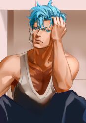  1boy absurdres black_pants bleach blue_eyes blue_hair closed_mouth darkinbow elbow_on_knee eyeliner green_eyeliner grimmjow_jaegerjaquez hand_on_own_head highres hollow_mask lips looking_at_viewer makeup male_focus nose pants scar scar_on_chest short_hair sitting solo tank_top white_tank_top 
