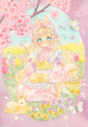  1girl absurdres amu_(m_aa) animal animal_ear_fluff animal_ears apron aqua_eyes artist_name basket blonde_hair blush border bow bug butterfly cherry_blossoms cherry_tree dango dated dot_nose easter easter_egg egg expressionless floral_print flower food frilled_apron frills hair_bow hanami highres japanese_clothes kimono lolita_fashion long_hair long_sleeves looking_at_viewer maid no_shoes nose_blush original outside_border painting_(medium) petals pink_border pink_bow pink_kimono pink_petals rabbit rabbit_ears rabbit_girl round_border sanshoku_dango seiza sidelocks signature sitting socks traditional_media very_long_hair wa_lolita wa_maid wagashi watercolor_(medium) white_apron white_socks wide_sleeves 
