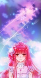  1girl absurdres artist_request bare_shoulders blouse blue_sky blunt_bangs brown_eyes butterfly_hair_ornament chinese_commentary choker closed_mouth clouds commentary_request commission day earrings eyelashes eyes_visible_through_hair flower flower_earrings flower_necklace frilled_choker frilled_shirt frills hair_intakes hair_ornament highres jewelry light_blush light_particles long_hair long_sidelocks miracle_nikki nikki_(nikki) nikki_(series) outdoors pink_flower pink_hair pink_rose rose second-party_source shirt sidelocks sky sleeveless sleeveless_shirt smile snowflakes solo straight-on upper_body very_long_hair white_choker white_flower white_rose white_shirt wind 