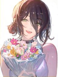  1girl bare_shoulders black_choker black_hair blue_flower bouquet breasts chainsaw_man choker collared_shirt commentary english_commentary flower green_eyes hair_between_eyes hair_bun highres holding holding_bouquet laughing looking_at_viewer medium_breasts medium_hair open_mouth pink_flower reze_(chainsaw_man) shirt sirium924 sleeveless sleeveless_shirt slit_pupils smile solo updo upper_body white_background white_flower white_shirt yellow_flower 
