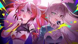  2girls animal_ears black_hair black_streaks blue_eyes bow brown_hair commentary cropped_jacket double-parted_bangs feather_hair_ornament feathers hair_between_eyes hair_ornament hakos_baelz heart highres holding holding_microphone hololive hololive_english hololive_idol_uniform_(color_rise) idol_(yoasobi) insfidelie long_hair looking_at_viewer microphone midriff mouse_ears multicolored_hair multiple_girls music nanashi_mumei open_mouth red_hair singing sparkling_eyes standing star_(symbol) star_in_eye streaked_hair symbol_in_eye twintails uneven_twintails virtual_youtuber white_hair 