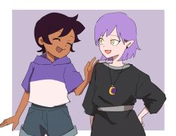  2girls amity_blight black_hair blush brown_hair closed_eyes dark-skinned_female dark_skin earrings facing_another hand_on_another's_shoulder hand_on_own_hip highres ini_yoy jewelry looking_at_another luz_noceda multicolored_hair multiple_girls necklace open_mouth pointy_ears purple_hair short_hair short_sleeves smile the_owl_house three-quarter_sleeves upper_body yellow_eyes 