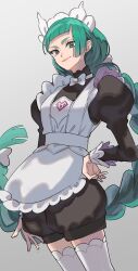  1girl apron black_romper blunt_bangs bow bowtie braid braided_ponytail breasts closed_mouth commentary_request green_hair grey_eyes highres juliet_sleeves lebanne_(pokemon) long_braid long_hair long_sleeves maid maid_apron maid_headdress mega_stone pokemon pokemon_legends:_z-a puffy_sleeves romper simple_background smile solo sub_prnk tsurime white_bow white_bowtie 