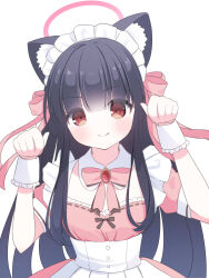  absurdres alternate_costume animal_ear_fluff animal_ears apron black_hair blue_archive blunt_bangs blush bow cat_ears cat_girl commentary_request detached_collar dress enmaided frilled_apron frilled_dress frills halo highres justice_task_force_member_(blue_archive) kemonomimi_mode long_hair long_sidelocks looking_at_viewer maid maid_apron maid_headdress petako_(ptpt_k) pink_bow pink_dress pink_halo puffy_short_sleeves puffy_sleeves red_eyes short_sleeves sidelocks simple_background smile upper_body very_long_hair white_background wrist_cuffs 