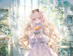  1girl animal black_bow blue_eyes blush bow branch brown_hair cat closed_mouth commentary_request curtains day desk_lamp dress flower hair_bow head_tilt highres holding holding_flower indoors lamp long_hair long_sleeves looking_at_viewer onineko open_window original puffy_long_sleeves puffy_sleeves sleeves_past_wrists smile solo table very_long_hair white_dress white_flower window yellow_flower 