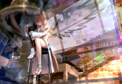  1girl absurdres advarcher agnes_tachyon_(tach-nology)_(umamusume) agnes_tachyon_(umamusume) ahoge animal_ears bandaged_foot bandages black_pantyhose blue_necktie brick_wall brown_hair closed_mouth coat collarbone commentary cork desk english_commentary hair_between_eyes highres horse_ears horse_girl horse_tail lab_coat long_sleeves necktie on_stool pantyhose red_eyes shirt single_leg_pantyhose sitting sleeves_past_wrists solo sprain stool sweater sweater_vest tail test_tube umamusume weighing_scale white_coat whiteboard wings yellow_sweater yellow_sweater_vest 