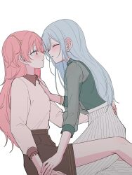  2girls between_legs blue_hair brown_skirt closed_eyes commentary green_shirt hand_on_another's_waist highres hinomori_shizuku imminent_kiss mole mole_under_mouth momoi_airi multiple_girls noon_nerve parted_lips pink_eyes pink_hair project_sekai see-through_clothes see-through_sleeves shirt simple_background skirt two_side_up white_background white_shirt white_skirt yuri 