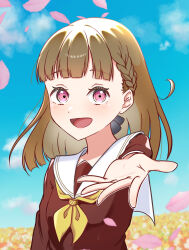  1girl black_bow blue_sky bow braid brown_dress brown_hair center-flap_bangs clouds commentary_request day dress falling_petals field flower flower_field hair_bow hasu_no_sora_school_uniform highres kachimachi_kosuzu link!_like!_love_live! long_hair long_sleeves looking_at_viewer love_live! mano_409 neckerchief offering_hand outdoors petals pink_eyes pink_petals sailor_collar sailor_dress school_uniform side_ahoge side_braids sky solo upper_body virtual_youtuber white_sailor_collar winter_uniform yellow_neckerchief 