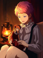  1boy aged_down black_shorts bow child commentary_request doll ensemble_stars! highres holding holding_doll itsuki_shu kerosene_lamp knees_up looking_at_object mademoiselle_(ensemble_stars!) male_focus open_mouth pink_hair sekai_yoni shirt short_hair shorts smile solo suspender_shorts suspenders very_short_hair violet_eyes white_bow white_shirt 