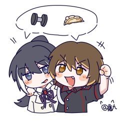  +++ 2girls :d aikawa_jurina arm_around_shoulder arm_up arms_at_sides artist_name black_hair black_jacket blonde_streaks blue_eyes blush brown_eyes brown_hair brown_jacket buttons chibi chinese_commentary clenched_hand collared_shirt commentary_request cropped_torso double-breasted dumbbell dumpling fang food hair_between_eyes hand_on_another's_shoulder hand_up high_ponytail highres jacket jiaozi jiu_hao_fadian_ji long_hair looking_ahead looking_at_viewer looking_up moriyasu_kuina multicolored_hair multiple_girls neck_ribbon open_mouth ponytail purple_ribbon ribbon school_uniform shared_speech_bubble shirt short_hair short_sleeves shoujo_kageki_revue_starlight shoujo_kageki_revue_starlight_-re_live- side-by-side simple_background smile speech_bubble spoken_food spoken_object streaked_hair upper_body v-shaped_eyebrows white_background white_shirt white_streaks 