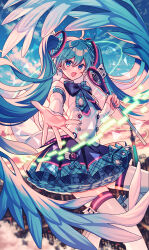  1girl absurdly_long_hair absurdres amagi_hana black_skirt blue_bow blue_bowtie blue_eyes blue_hair blue_nails blue_skirt blue_sky bow bowtie commentary_request feather_hair feet_out_of_frame hair_ornament hatsune_miku highres holding holding_microphone long_hair long_sleeves looking_at_viewer magical_mirai_(vocaloid) magical_mirai_miku magical_mirai_miku_(2017) microphone nail_polish open_mouth outdoors plaid_bow plaid_bowtie plaid_clothes plaid_skirt puffy_sleeves reaching reaching_towards_viewer shirt signature skirt sky smile solo thigh-highs two-tone_skirt very_long_hair vocaloid white_shirt white_thighhighs 