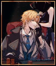  1boy 1girl bare_arms bare_shoulders black_background black_border black_coat black_dress black_gloves blonde_hair blue_necktie border bubing chair chinese_commentary coat coat_on_shoulders collar_chain_(jewelry) collared_shirt commentary_request covering_face curtained_hair dress earrings facing_to_the_side fishnet_gloves fishnets folding_fan gloves grey_jacket grey_vest hand_fan head_out_of_frame highres holding holding_fan holding_hands jacket jewelry kiss kissing_hand lapels lars_rorschach lars_rorschach_(mystery) long_sleeves looking_at_viewer lovebrush_chronicles male_focus nail_polish necktie notched_lapels parted_lips pinstripe_pattern pinstripe_vest poker_chip poker_table profile red_nails shirt short_hair side_slit sideways_glance sitting sleeveless sleeveless_dress solo_focus standing stud_earrings suit_jacket table tie_clip turning_head upper_body vest white_shirt 