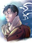  1boy artist_name beige_scarf blue_eyes brown_coat cigarette closed_mouth coat light_smile looking_away looking_to_the_side mouth_hold rossa_(grandemilan) sangatsu_no_lion scarf shimada_kai short_hair smoke smoking solo upper_body 