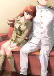  1boy 1girl admiral_(kancolle) anchor_symbol blush breasts brown_hair brown_shoes closed_mouth commentary_request commission couch eyes_out_of_frame head_out_of_frame hetero highres izumi_kuma jacket jewelry kantai_collection kneehighs large_breasts leaning_on_person leaning_to_the_side long_hair long_sleeves military_uniform naval_uniform neckerchief ooi_(kancolle) ooi_kai_ni_(kancolle) own_hands_together pants parted_lips ring sailor_collar school_uniform serafuku shoes sitting skeb_commission skirt sleeping sleeping_on_person sleeping_upright socks sparkle wedding_ring white_jacket white_neckerchief white_pants yellow_sailor_collar yellow_socks 