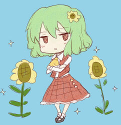  1girl ascot black_shoes blue_background blush collared_shirt crossed_arms deformed flower frilled_skirt frills green_hair hair_between_eyes hair_flower hair_ornament kashiwada_kiiho kazami_yuuka mary_janes medium_hair open_clothes open_mouth open_vest plaid_clothes plaid_skirt plaid_vest red_eyes red_skirt red_vest shirt shirt_tucked_in shoes simple_background skirt socks solo sparkle standing sunflower sunflower_hair_ornament touhou vest white_shirt white_socks yellow_ascot 